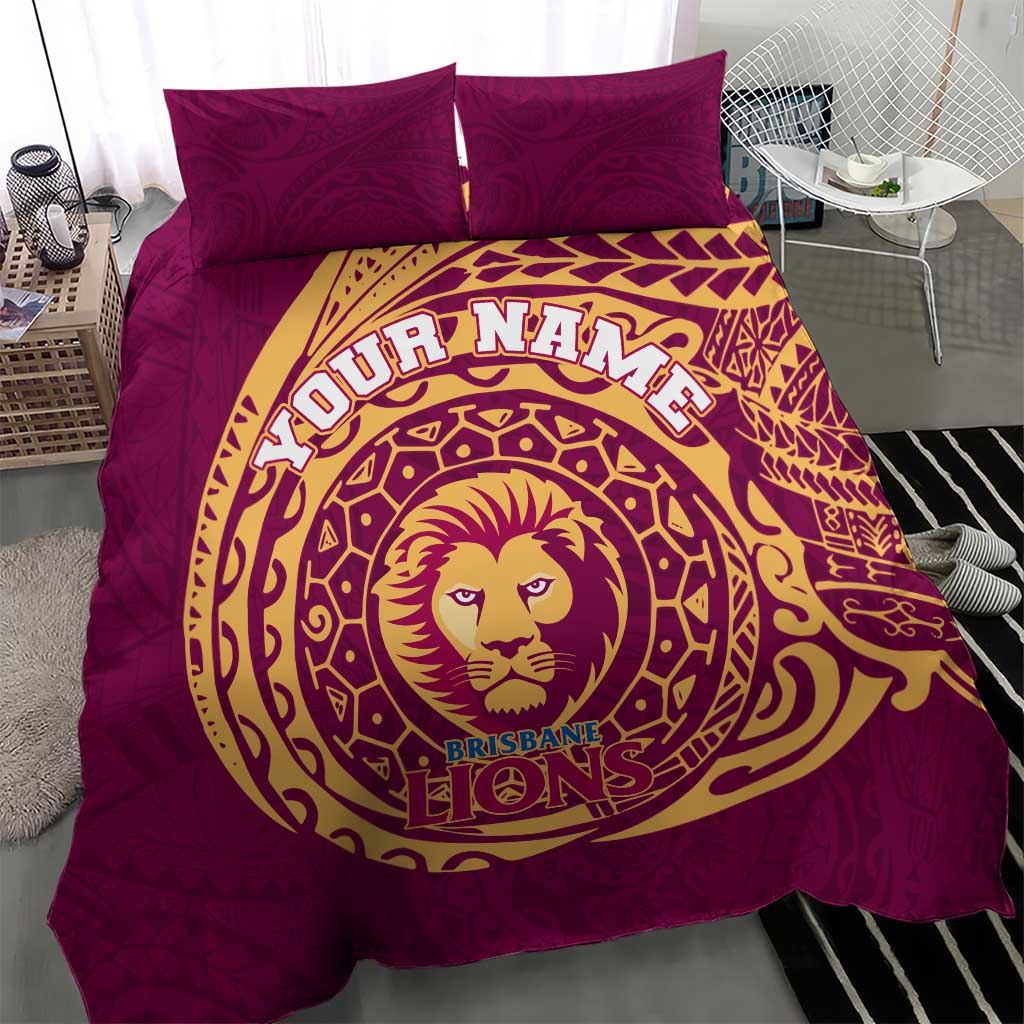 Personalized Brisbane Lions Polynesian Bedding Set Tribal Chest and Sleeve Tattoo Heritage Warrior