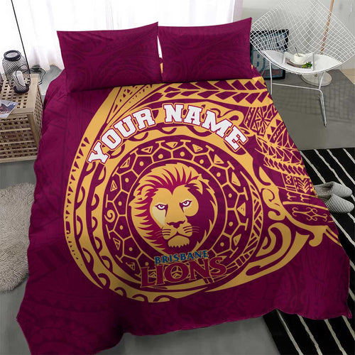 Personalized Brisbane Lions Polynesian Bedding Set Tribal Chest and Sleeve Tattoo Heritage Warrior