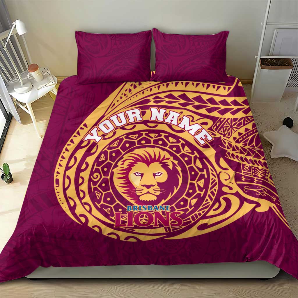 Personalized Brisbane Lions Polynesian Bedding Set Tribal Chest and Sleeve Tattoo Heritage Warrior