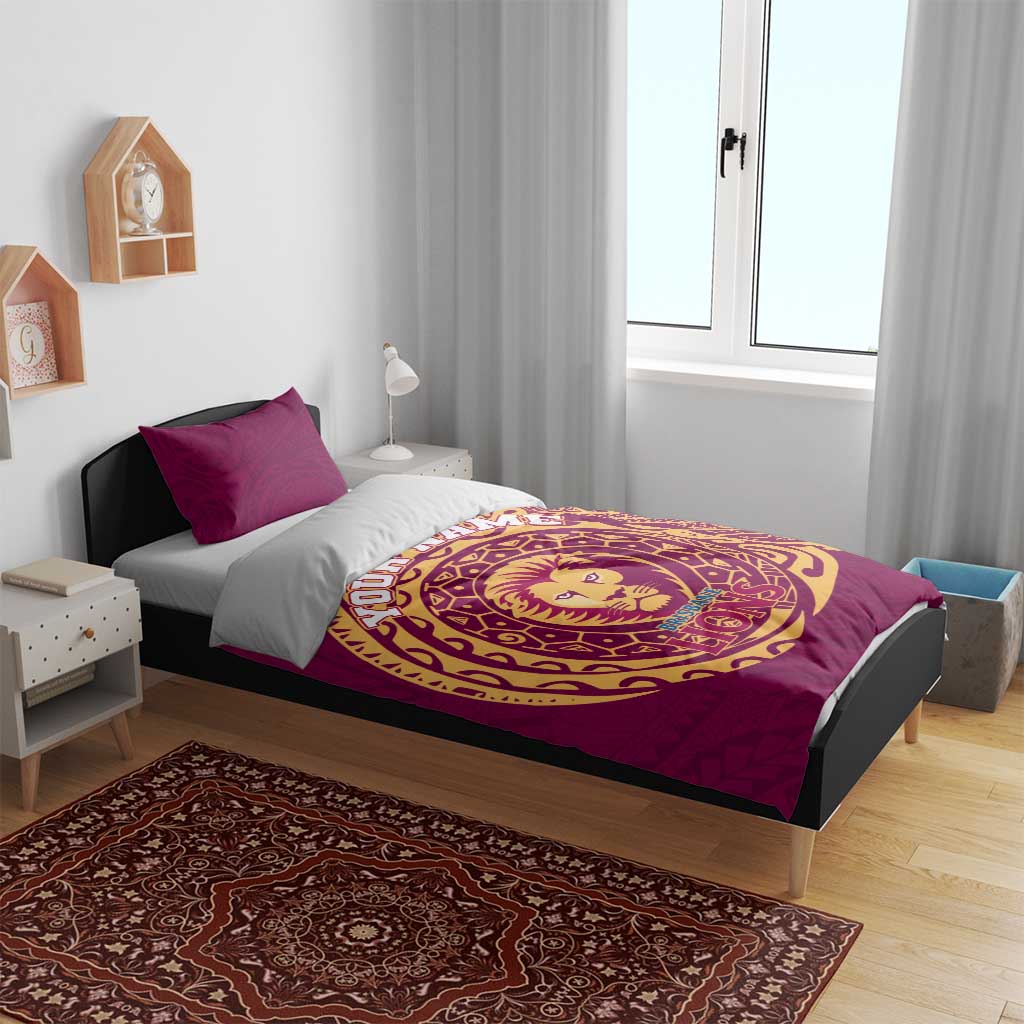 Personalized Brisbane Lions Polynesian Bedding Set Tribal Chest and Sleeve Tattoo Heritage Warrior