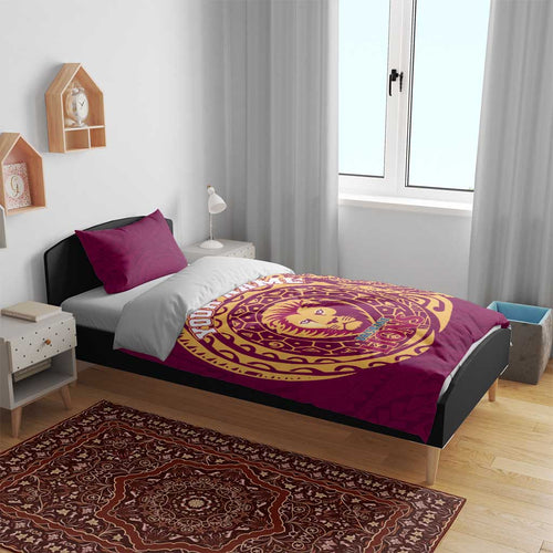 Personalized Brisbane Lions Polynesian Bedding Set Tribal Chest and Sleeve Tattoo Heritage Warrior