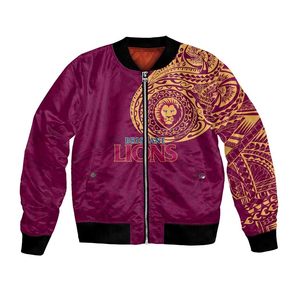 Personalized Brisbane Lions Polynesian Bomber Jacket Tribal Chest and Sleeve Tattoo Heritage Warrior