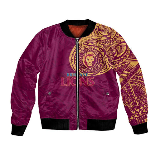 Personalized Brisbane Lions Polynesian Bomber Jacket Tribal Chest and Sleeve Tattoo Heritage Warrior