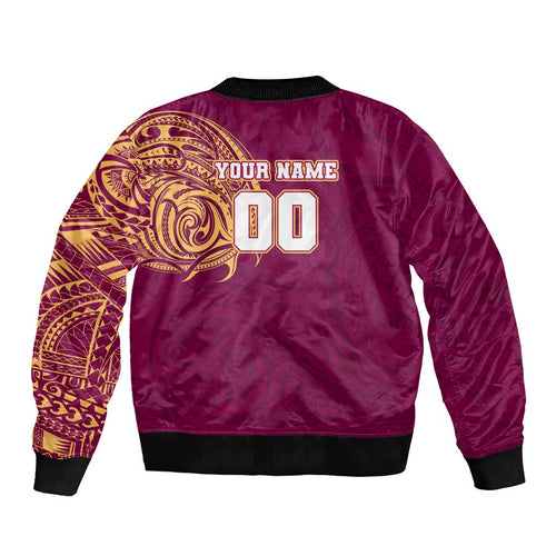 Personalized Brisbane Lions Polynesian Bomber Jacket Tribal Chest and Sleeve Tattoo Heritage Warrior