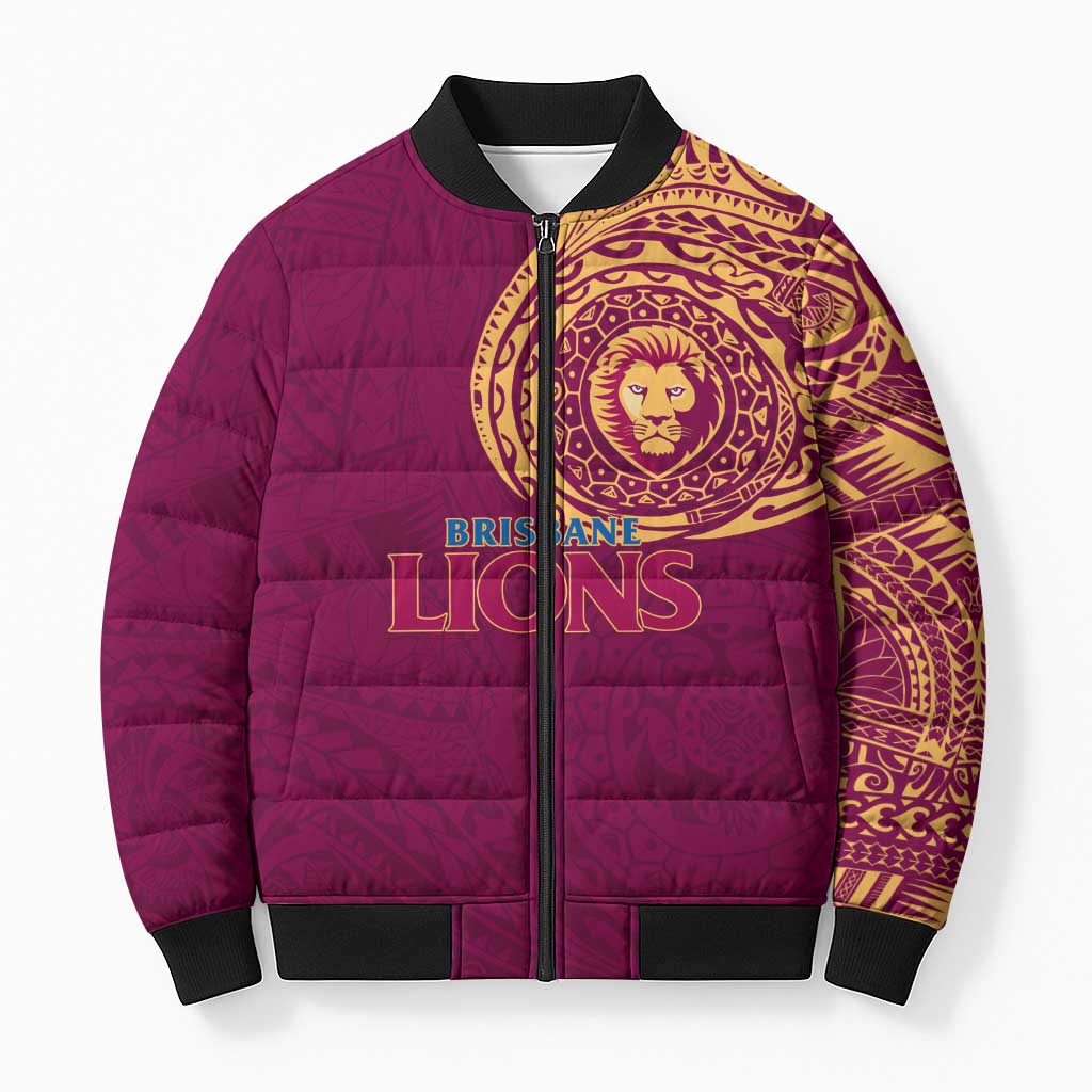 Personalized Brisbane Lions Polynesian Bomber Puffer Jacket Tribal Chest and Sleeve Tattoo Heritage Warrior