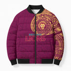 Personalized Brisbane Lions Polynesian Bomber Puffer Jacket Tribal Chest and Sleeve Tattoo Heritage Warrior
