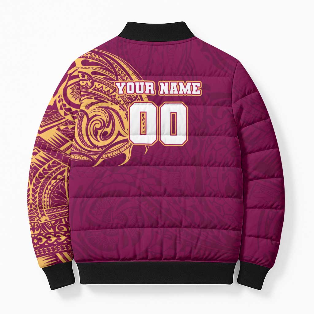 Personalized Brisbane Lions Polynesian Bomber Puffer Jacket Tribal Chest and Sleeve Tattoo Heritage Warrior