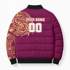 Personalized Brisbane Lions Polynesian Bomber Puffer Jacket Tribal Chest and Sleeve Tattoo Heritage Warrior