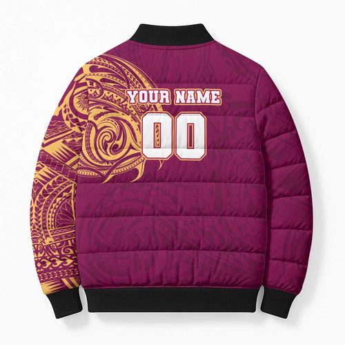 Personalized Brisbane Lions Polynesian Bomber Puffer Jacket Tribal Chest and Sleeve Tattoo Heritage Warrior