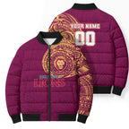 Personalized Brisbane Lions Polynesian Bomber Puffer Jacket Tribal Chest and Sleeve Tattoo Heritage Warrior