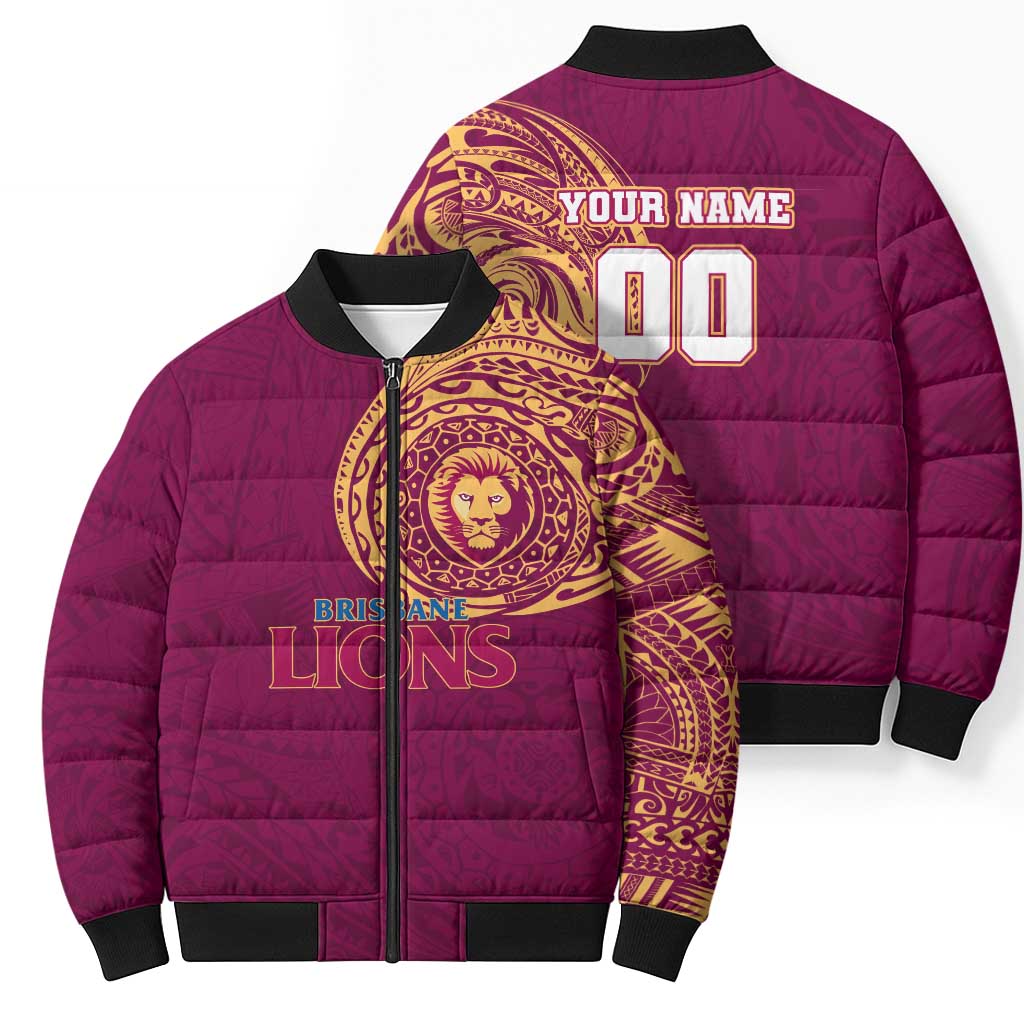 Personalized Brisbane Lions Polynesian Bomber Puffer Jacket Tribal Chest and Sleeve Tattoo Heritage Warrior