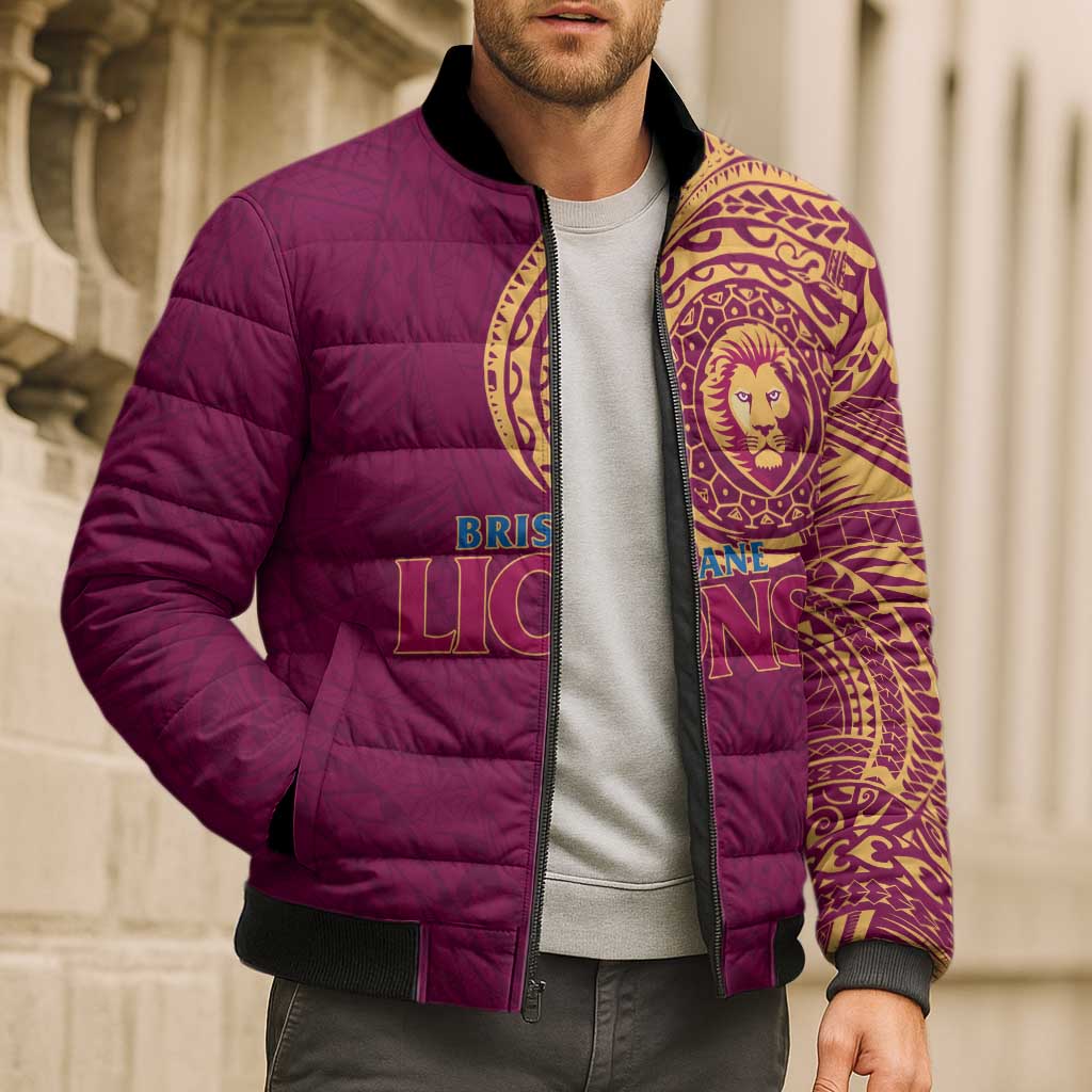 Personalized Brisbane Lions Polynesian Bomber Puffer Jacket Tribal Chest and Sleeve Tattoo Heritage Warrior