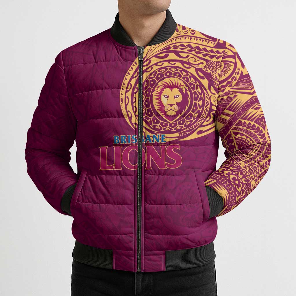 Personalized Brisbane Lions Polynesian Bomber Puffer Jacket Tribal Chest and Sleeve Tattoo Heritage Warrior