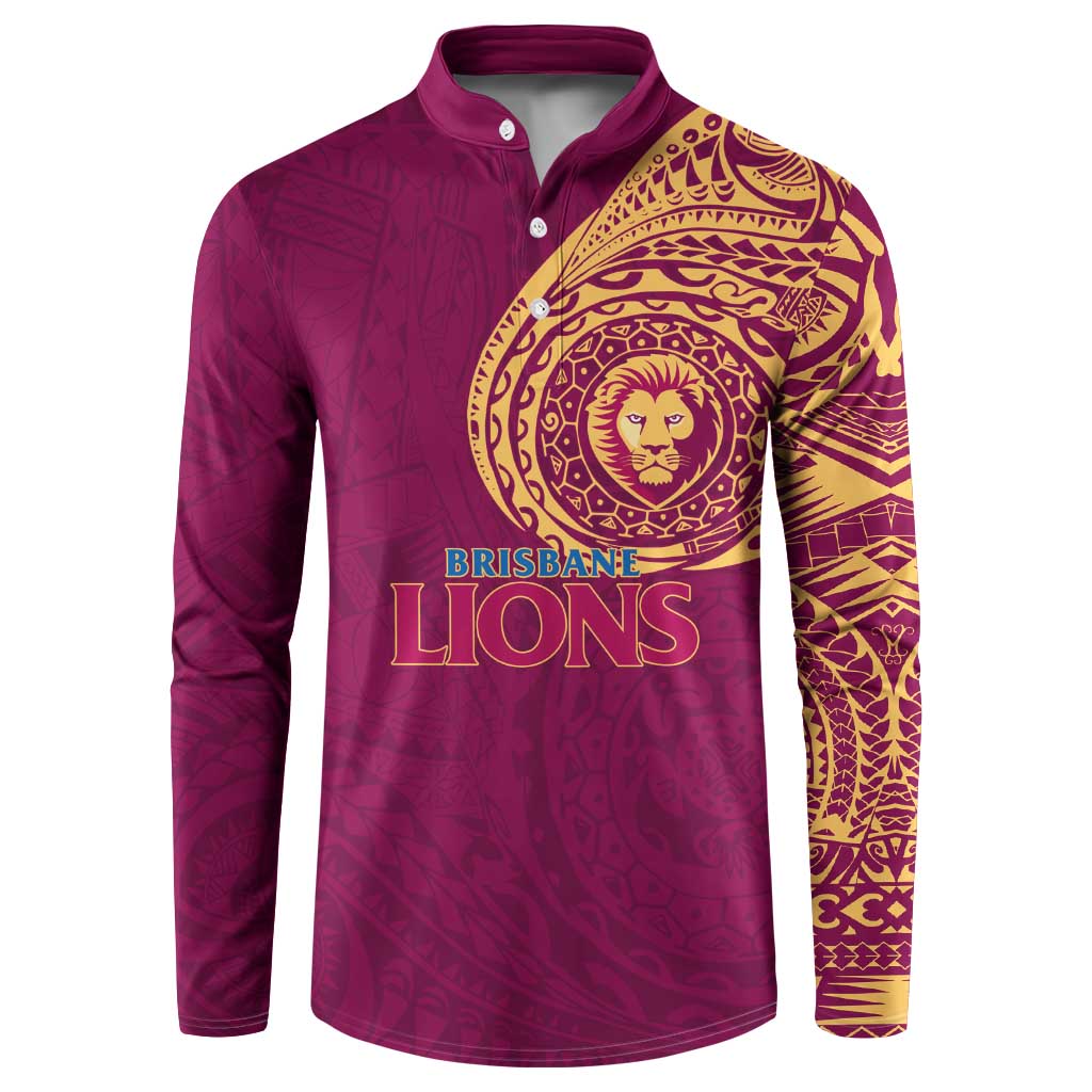 Personalized Brisbane Lions Polynesian Button Sweatshirt Tribal Chest and Sleeve Tattoo Heritage Warrior