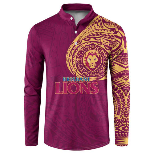 Personalized Brisbane Lions Polynesian Button Sweatshirt Tribal Chest and Sleeve Tattoo Heritage Warrior