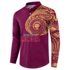Personalized Brisbane Lions Polynesian Button Sweatshirt Tribal Chest and Sleeve Tattoo Heritage Warrior