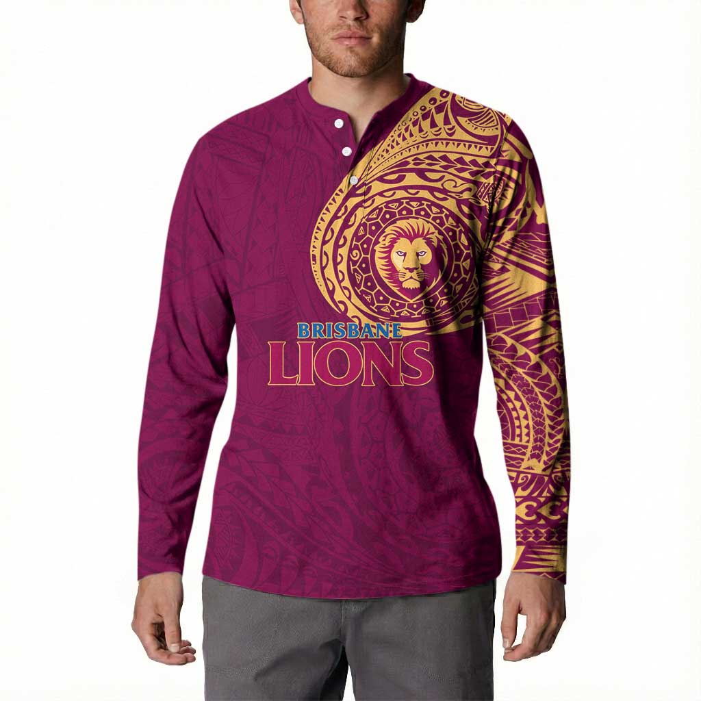 Personalized Brisbane Lions Polynesian Button Sweatshirt Tribal Chest and Sleeve Tattoo Heritage Warrior