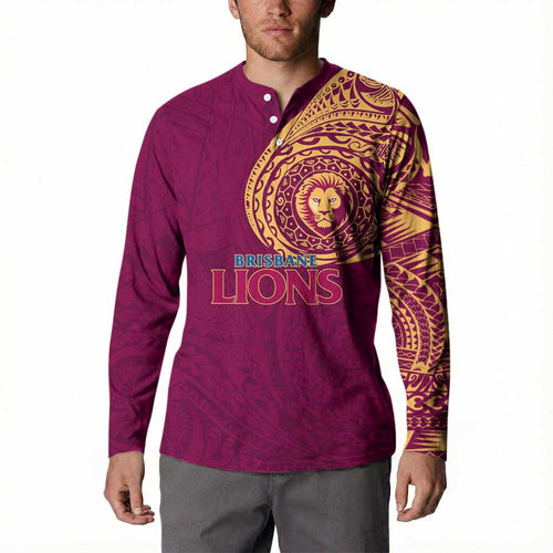 Personalized Brisbane Lions Polynesian Button Sweatshirt Tribal Chest and Sleeve Tattoo Heritage Warrior