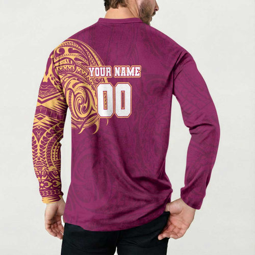Personalized Brisbane Lions Polynesian Button Sweatshirt Tribal Chest and Sleeve Tattoo Heritage Warrior