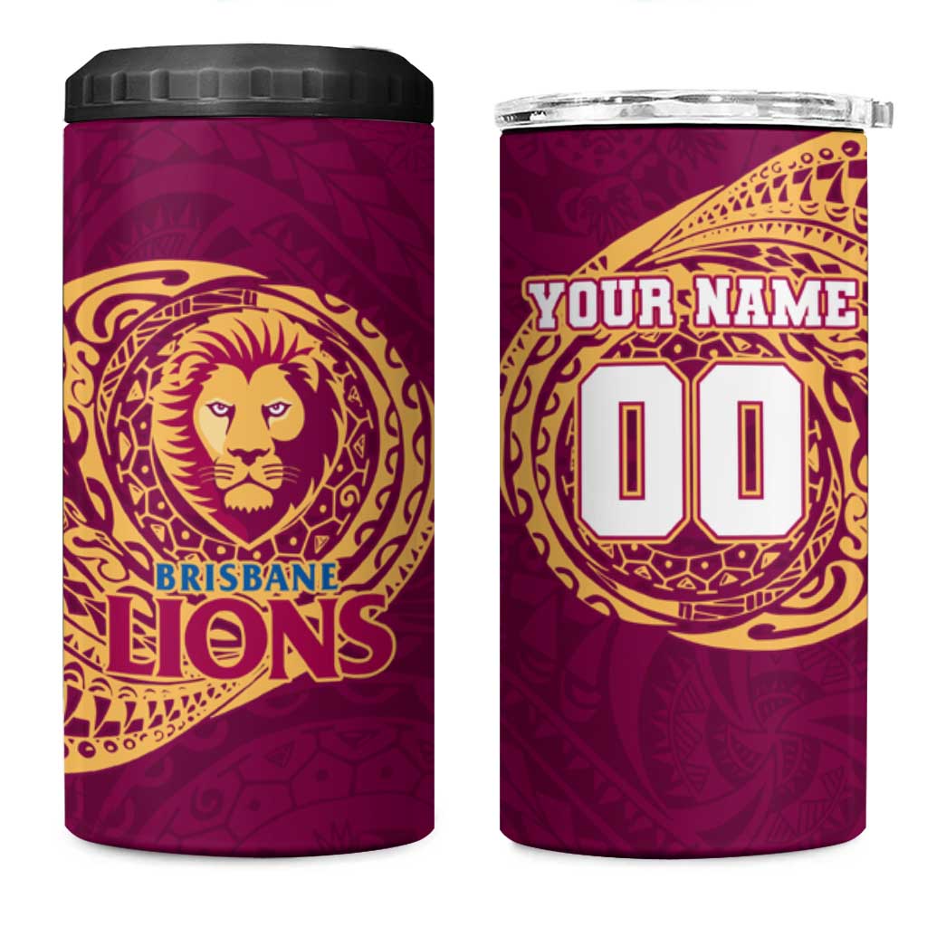 Personalized Brisbane Lions Polynesian 4 in 1 Can Cooler Tumbler Tribal Chest and Sleeve Tattoo Heritage Warrior