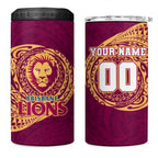 Personalized Brisbane Lions Polynesian 4 in 1 Can Cooler Tumbler Tribal Chest and Sleeve Tattoo Heritage Warrior
