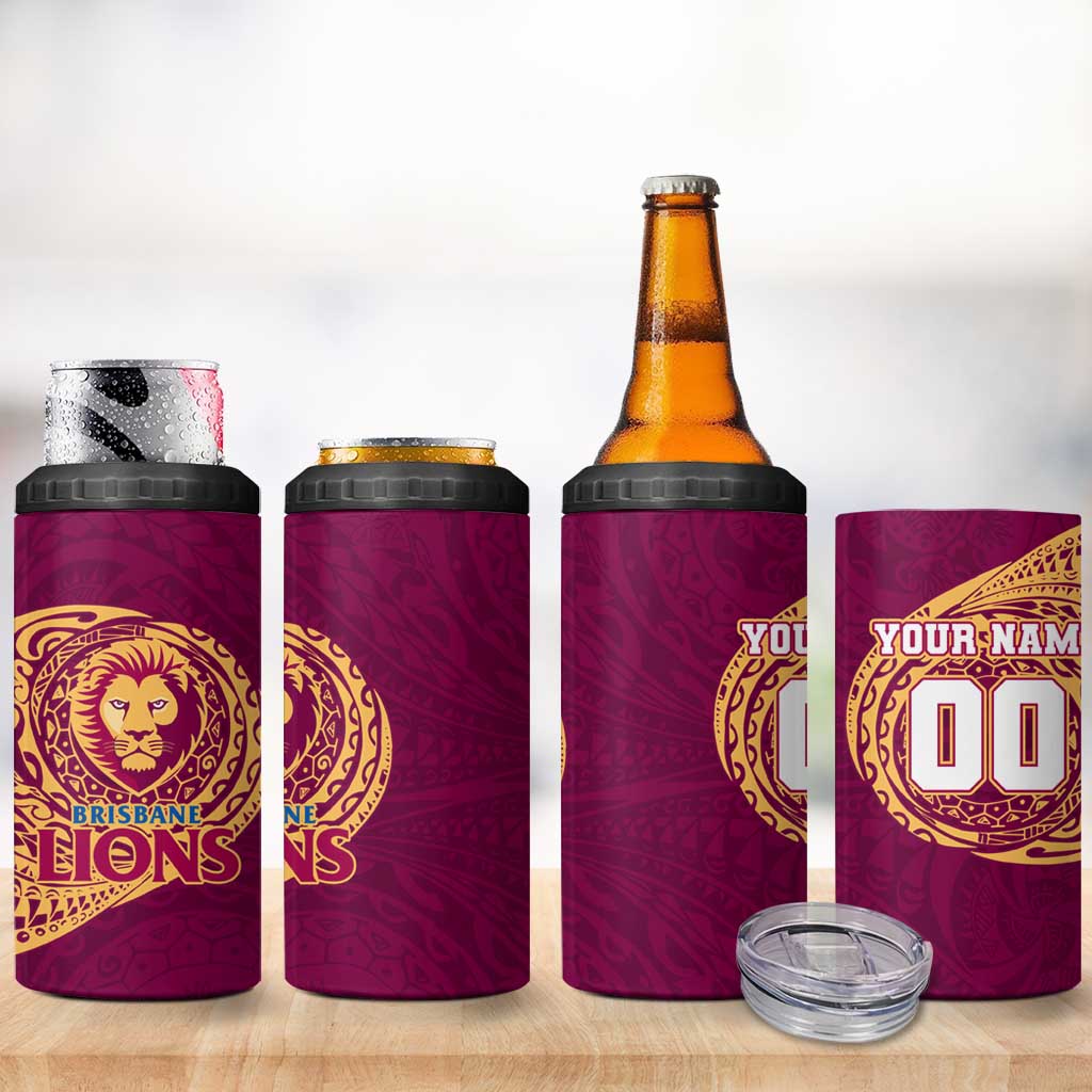Personalized Brisbane Lions Polynesian 4 in 1 Can Cooler Tumbler Tribal Chest and Sleeve Tattoo Heritage Warrior