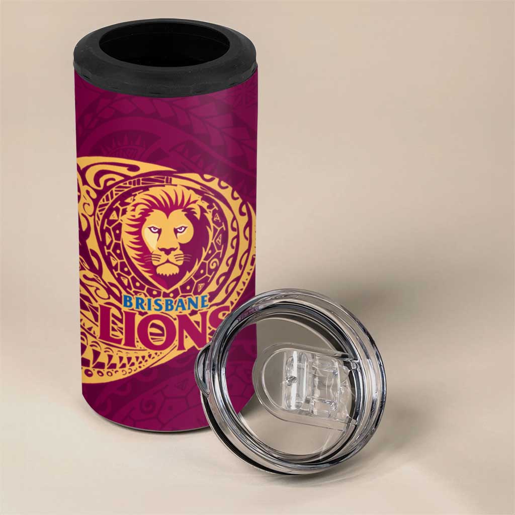 Personalized Brisbane Lions Polynesian 4 in 1 Can Cooler Tumbler Tribal Chest and Sleeve Tattoo Heritage Warrior
