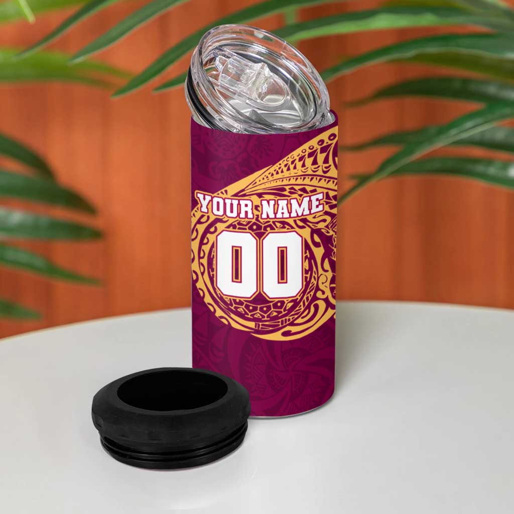 Personalized Brisbane Lions Polynesian 4 in 1 Can Cooler Tumbler Tribal Chest and Sleeve Tattoo Heritage Warrior