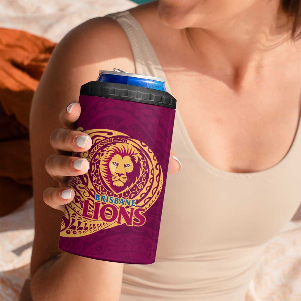 Personalized Brisbane Lions Polynesian 4 in 1 Can Cooler Tumbler Tribal Chest and Sleeve Tattoo Heritage Warrior