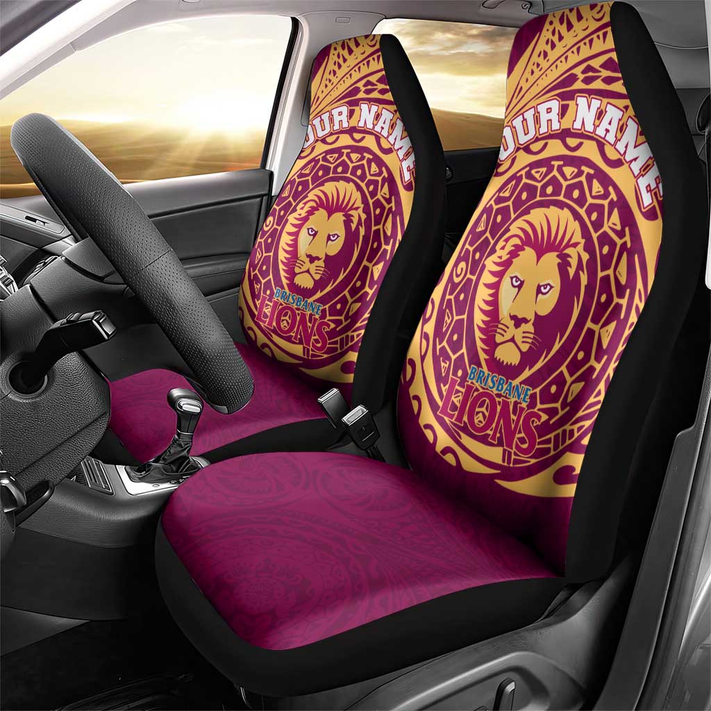 Personalized Brisbane Lions Polynesian Car Seat Cover Tribal Chest and Sleeve Tattoo Heritage Warrior
