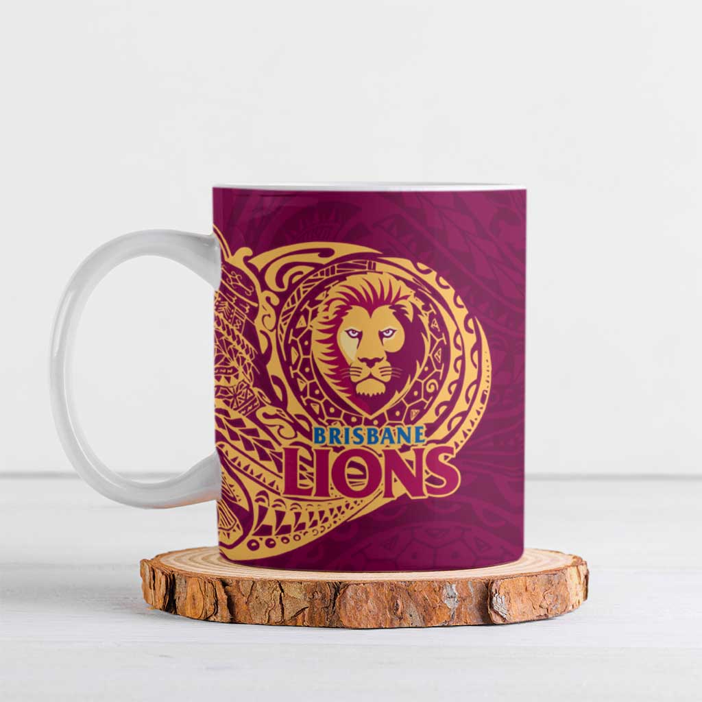 Personalized Brisbane Lions Polynesian Ceramic Mug Tribal Chest and Sleeve Tattoo Heritage Warrior