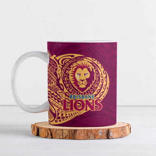Personalized Brisbane Lions Polynesian Ceramic Mug Tribal Chest and Sleeve Tattoo Heritage Warrior