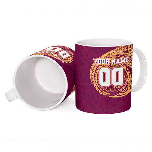 Personalized Brisbane Lions Polynesian Ceramic Mug Tribal Chest and Sleeve Tattoo Heritage Warrior