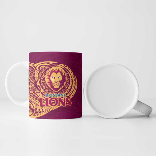 Personalized Brisbane Lions Polynesian Ceramic Mug Tribal Chest and Sleeve Tattoo Heritage Warrior