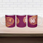 Personalized Brisbane Lions Polynesian Ceramic Mug Tribal Chest and Sleeve Tattoo Heritage Warrior