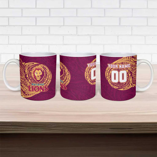 Personalized Brisbane Lions Polynesian Ceramic Mug Tribal Chest and Sleeve Tattoo Heritage Warrior