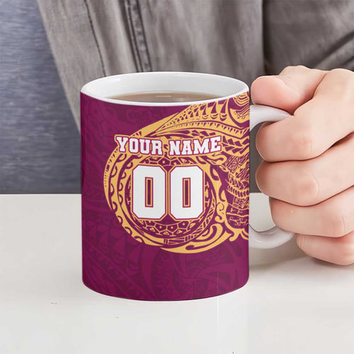 Personalized Brisbane Lions Polynesian Ceramic Mug Tribal Chest and Sleeve Tattoo Heritage Warrior