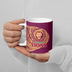 Personalized Brisbane Lions Polynesian Ceramic Mug Tribal Chest and Sleeve Tattoo Heritage Warrior