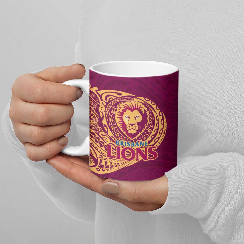 Personalized Brisbane Lions Polynesian Ceramic Mug Tribal Chest and Sleeve Tattoo Heritage Warrior
