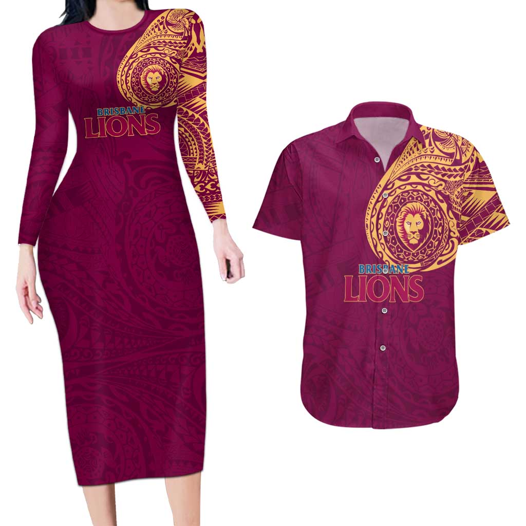 Personalized Brisbane Lions Polynesian Couples Matching Long Sleeve Bodycon Dress and Hawaiian Shirt Tribal Chest and Sleeve Tattoo Heritage Warrior