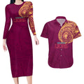 Personalized Brisbane Lions Polynesian Couples Matching Long Sleeve Bodycon Dress and Hawaiian Shirt Tribal Chest and Sleeve Tattoo Heritage Warrior