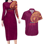 Personalized Brisbane Lions Polynesian Couples Matching Long Sleeve Bodycon Dress and Hawaiian Shirt Tribal Chest and Sleeve Tattoo Heritage Warrior