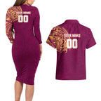 Personalized Brisbane Lions Polynesian Couples Matching Long Sleeve Bodycon Dress and Hawaiian Shirt Tribal Chest and Sleeve Tattoo Heritage Warrior