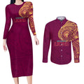 Personalized Brisbane Lions Polynesian Couples Matching Long Sleeve Bodycon Dress and Long Sleeve Button Shirt Tribal Chest and Sleeve Tattoo Heritage Warrior