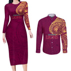 Personalized Brisbane Lions Polynesian Couples Matching Long Sleeve Bodycon Dress and Long Sleeve Button Shirt Tribal Chest and Sleeve Tattoo Heritage Warrior
