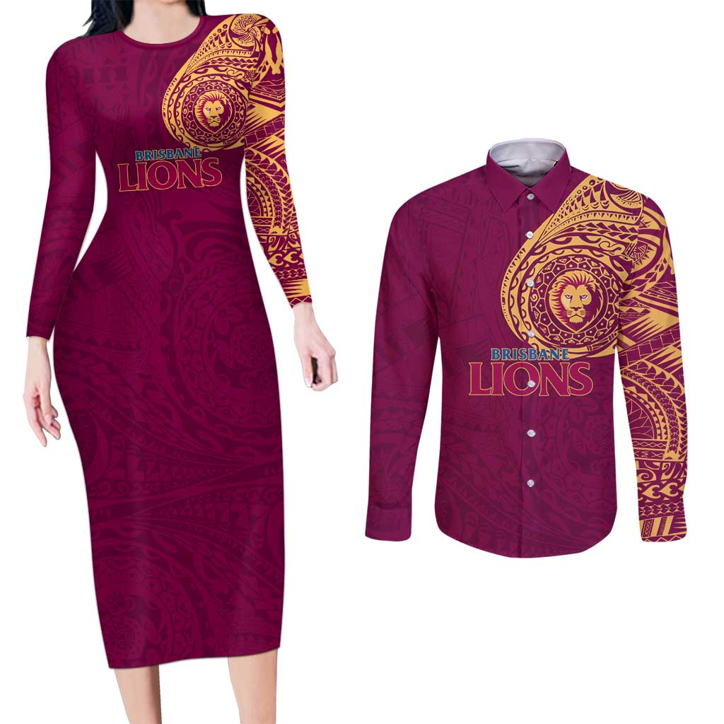 Personalized Brisbane Lions Polynesian Couples Matching Long Sleeve Bodycon Dress and Long Sleeve Button Shirt Tribal Chest and Sleeve Tattoo Heritage Warrior