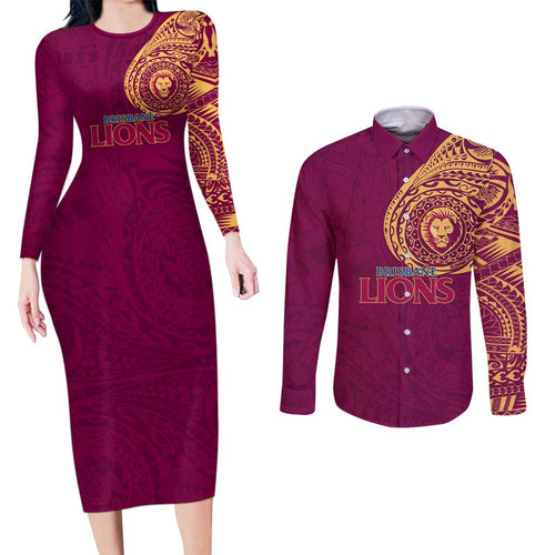 Personalized Brisbane Lions Polynesian Couples Matching Long Sleeve Bodycon Dress and Long Sleeve Button Shirt Tribal Chest and Sleeve Tattoo Heritage Warrior