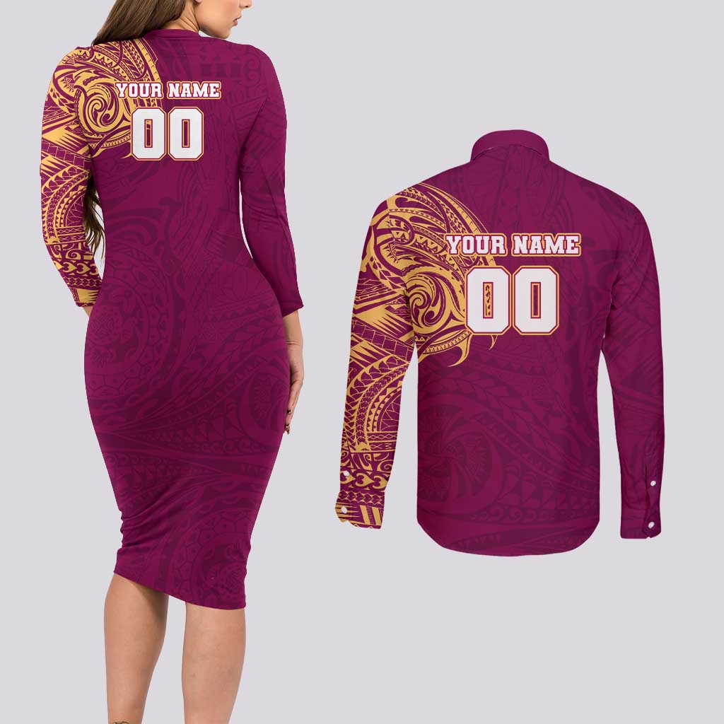 Personalized Brisbane Lions Polynesian Couples Matching Long Sleeve Bodycon Dress and Long Sleeve Button Shirt Tribal Chest and Sleeve Tattoo Heritage Warrior