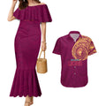 Personalized Brisbane Lions Polynesian Couples Matching Mermaid Dress and Hawaiian Shirt Tribal Chest and Sleeve Tattoo Heritage Warrior