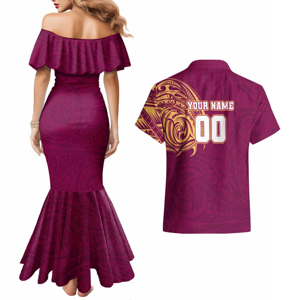 Personalized Brisbane Lions Polynesian Couples Matching Mermaid Dress and Hawaiian Shirt Tribal Chest and Sleeve Tattoo Heritage Warrior
